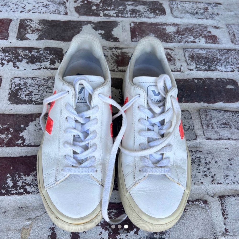 Veja White Leather Low-Top Sneakers with Coral Accents